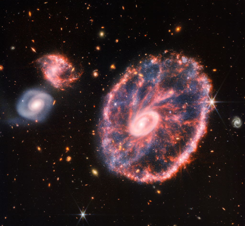 immagine in alta definizione della Galassia Cartwheel catturata dal telescopio spaziale James Webb